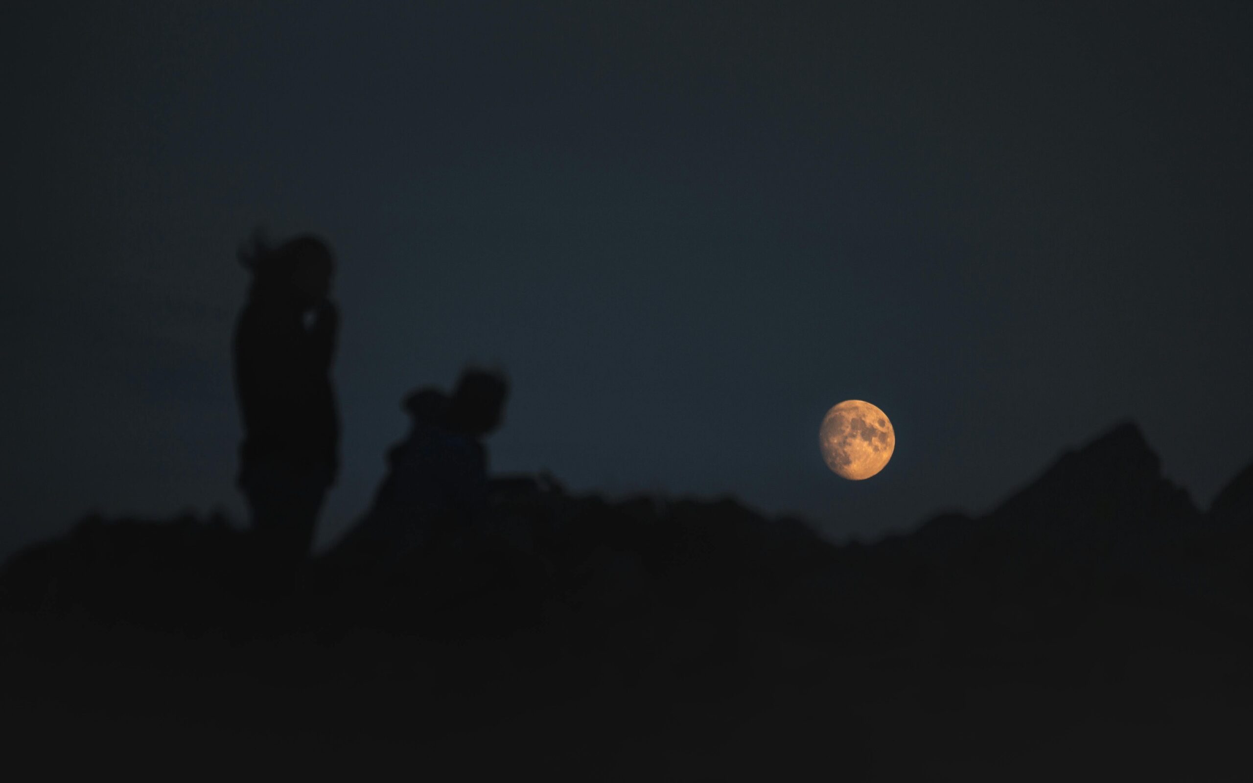 Silhouettes of hikers under a full moon in the mountains at night.